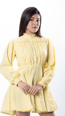 A chic yellow sunflower midi sundress for women, called the LaceWhisper Dress. It features a delicately designed neckline and intricate lace detailing, offering a relaxed fit and playful elegance. Perfect for casual occasions, this stylish yellow dress blends comfort and sophistication seamlessly.