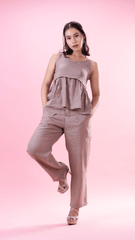 LinenLuxe Duo: Strappy peplum top and tailored linen trousers, chic and versatile outfit