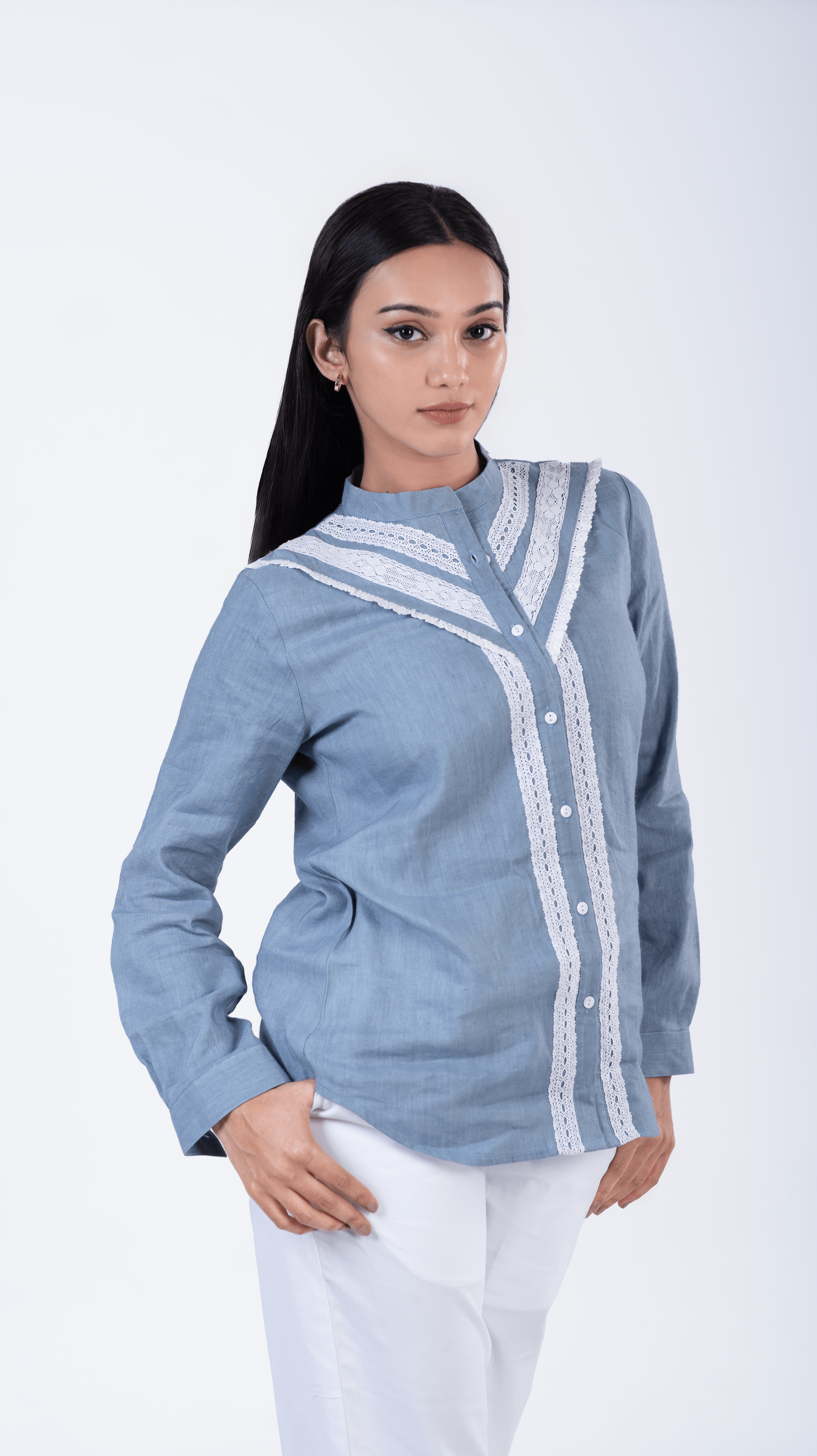 Step into style with our Mod Lace Fusion Shirt, tailored for the modern woman who values both fashion and functionality. Highlighting a flattering silhouette and eye-catching lace embellishments, this women's top is ideal for making a fashionable statement. Explore our latest collection of ladies tops, designed to offer comfort and elegance in equal measure.