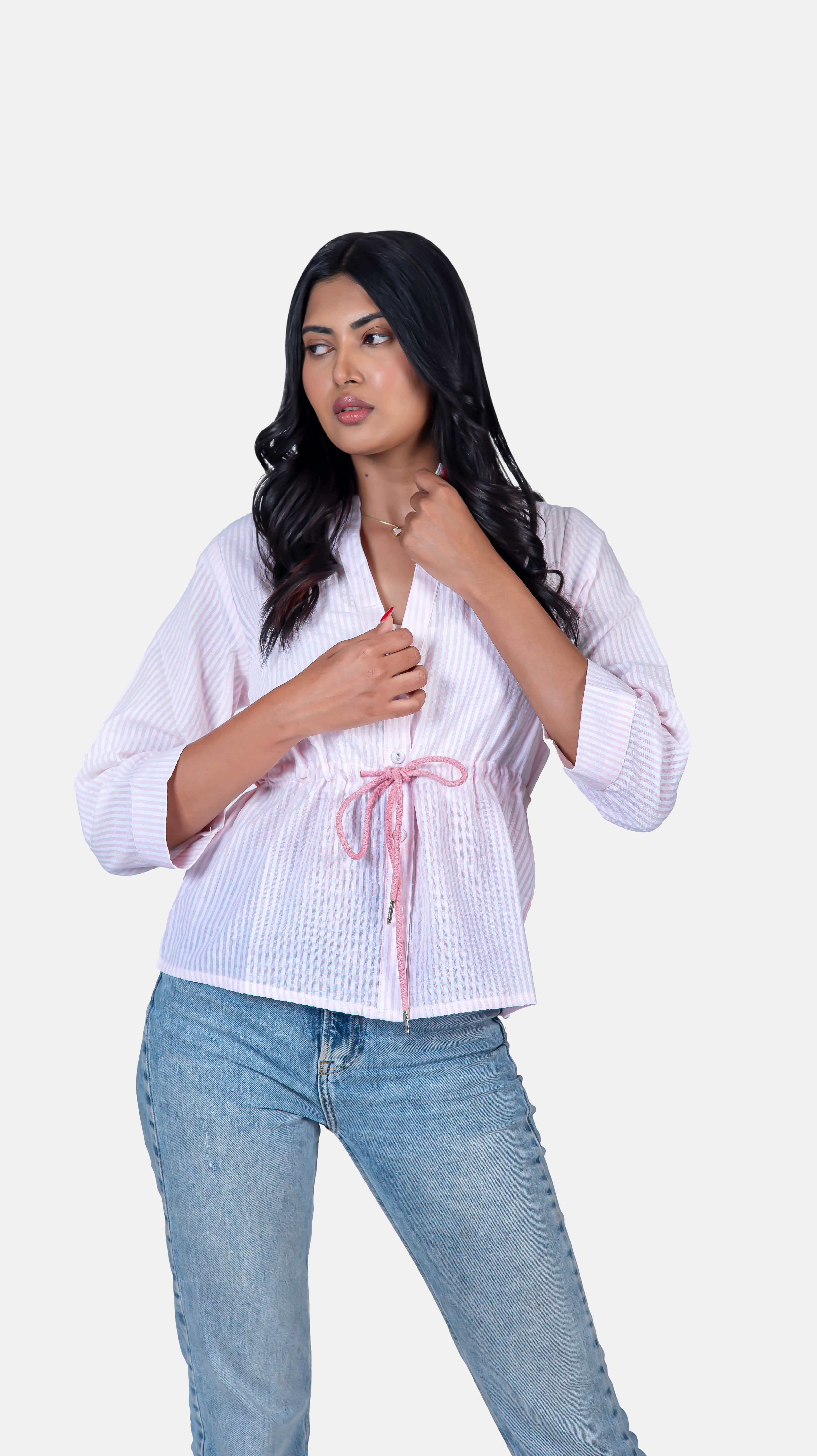 Elevate your everyday look with our "Knot-Detail Shirt," featuring baby pink stripes and a stylish knot detailing. This versatile women's top is a wardrobe must-have, perfect for both casual and formal occasions. Take advantage of our mega discount and limited stock to get 50% off on this fashionable knot-detail blouse. Shop now to add this elegant piece to your collection and upgrade your style effortlessly.