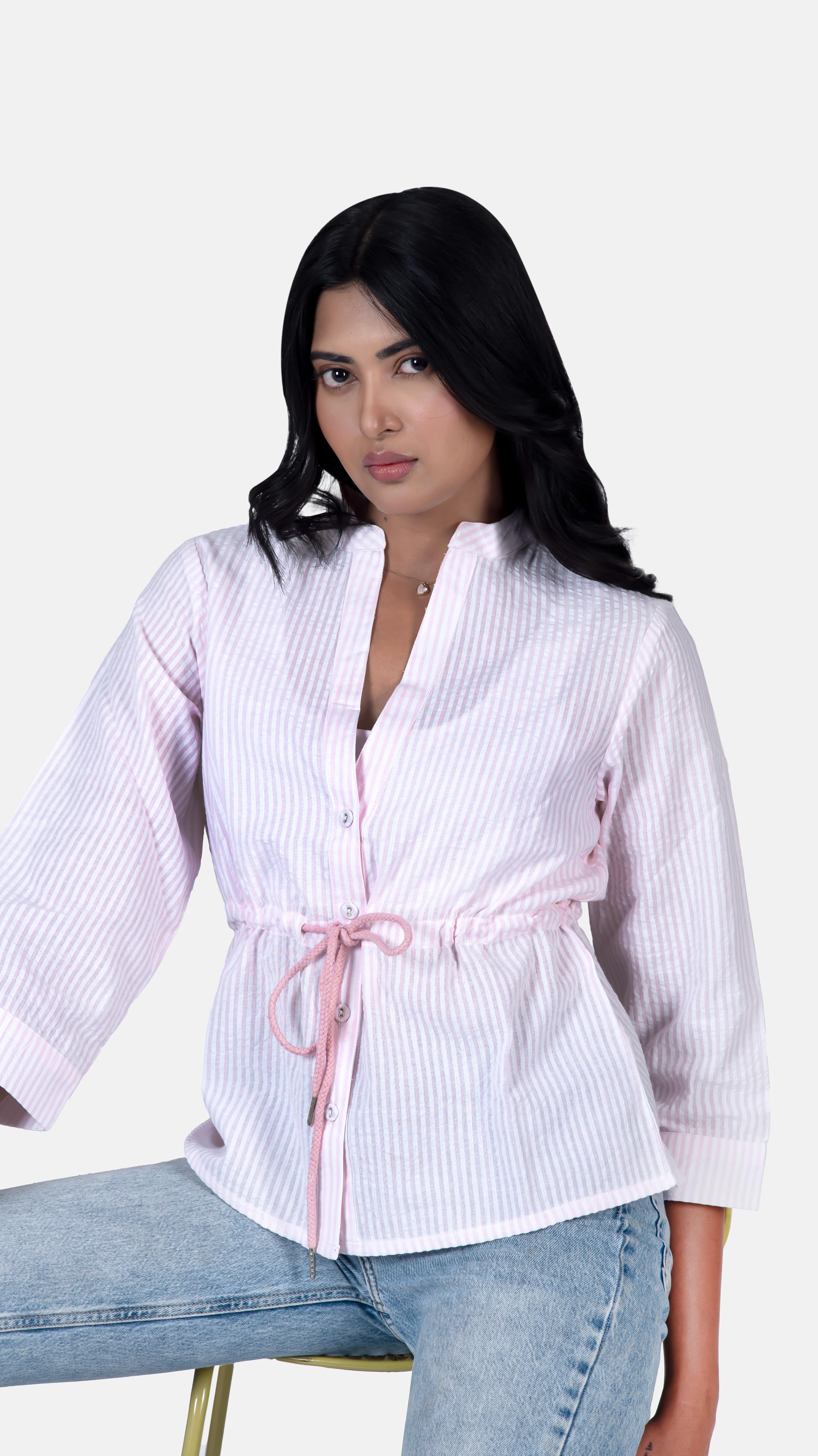 Upgrade your wardrobe with our "Knot-Detail Shirt," a stylish and versatile women's top featuring baby pink stripes and a fashionable knot detail. This elegant blouse is perfect for both casual and formal settings, offering a chic and trendy look. Don't miss out on our mega discount and limited stock—get 50% off on this must-have knot-detail blouse. Shop now and elevate your style effortlessly.