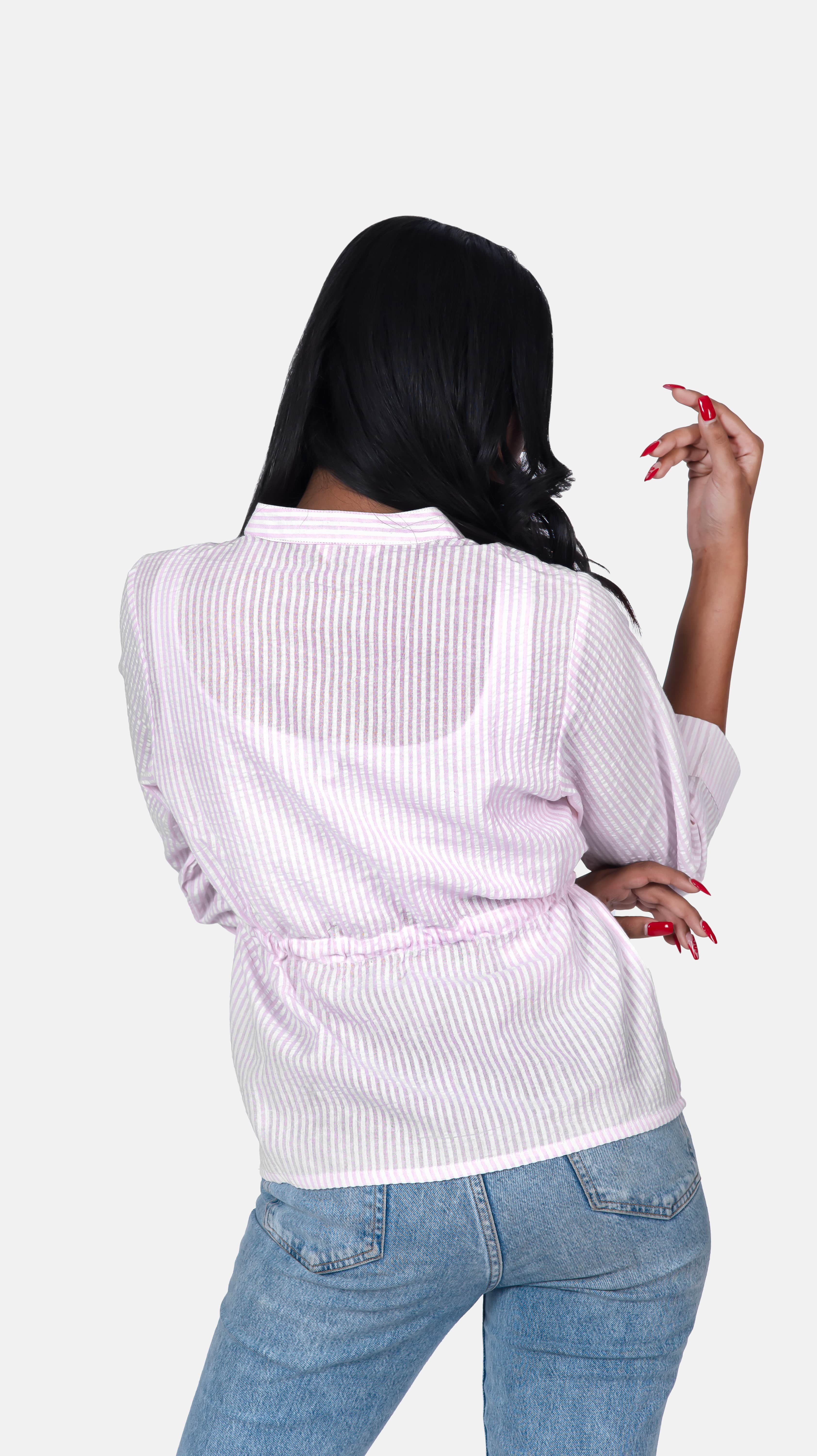 Elevate your everyday look with our "Knot-Detail Shirt," featuring baby pink stripes and a stylish knot detailing. This versatile women's top is a wardrobe must-have, perfect for both casual and formal occasions. Take advantage of our mega discount and limited stock to get 50% off on this fashionable knot-detail blouse. Shop now to add this elegant piece to your collection and upgrade your style effortlessly.