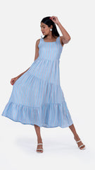 Discover elegance and comfort in Sevy's Ocean Blue Strips midi dress, made from 100% cotton and featuring a sleeveless silhouette. With three layers of flares and a chic square-cut neckline, it's a stylish choice for all occasions. Explore our range of midi dresses, cotton dresses, and sleeveless dresses at Sevy.in!