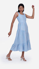 Discover elegance and comfort in Sevy's Ocean Blue Strips midi dress, made from 100% cotton and featuring a sleeveless silhouette. With three layers of flares and a chic square-cut neckline, it's a stylish choice for all occasions. Explore our range of midi dresses, cotton dresses, and sleeveless dresses at Sevy.in!