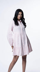 Step into elegance with our mini collared dress in lush pink checks, designed with a Chinese collar neckline and intricate self-print button details. Crafted from seersucker cotton, it's a must-have for those seeking mini dresses or collared dresses. Shop now for this stylish mini dress.